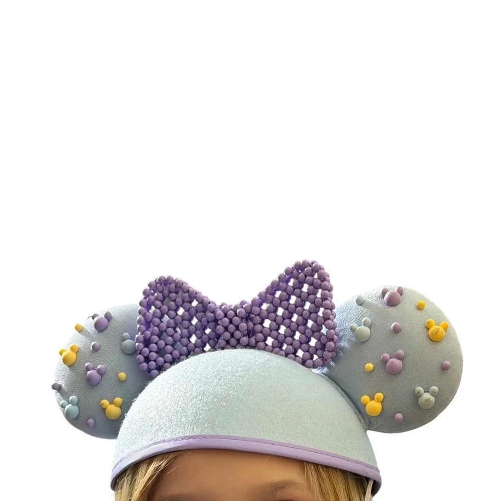 Disney Parks Minnie Mouse‎ Ear Hat Kids One Size Blue Purple Beaded Bow
